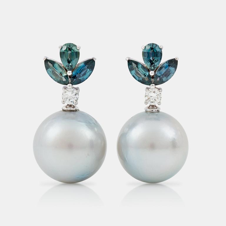 A pair of sapphire, circa 2.50 cts,  diamond and South Sea pearl earrings.