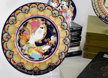 34 porcelain plates by Bjørn Wiinblad, Royal Copenhagen, second half of the 20th century.