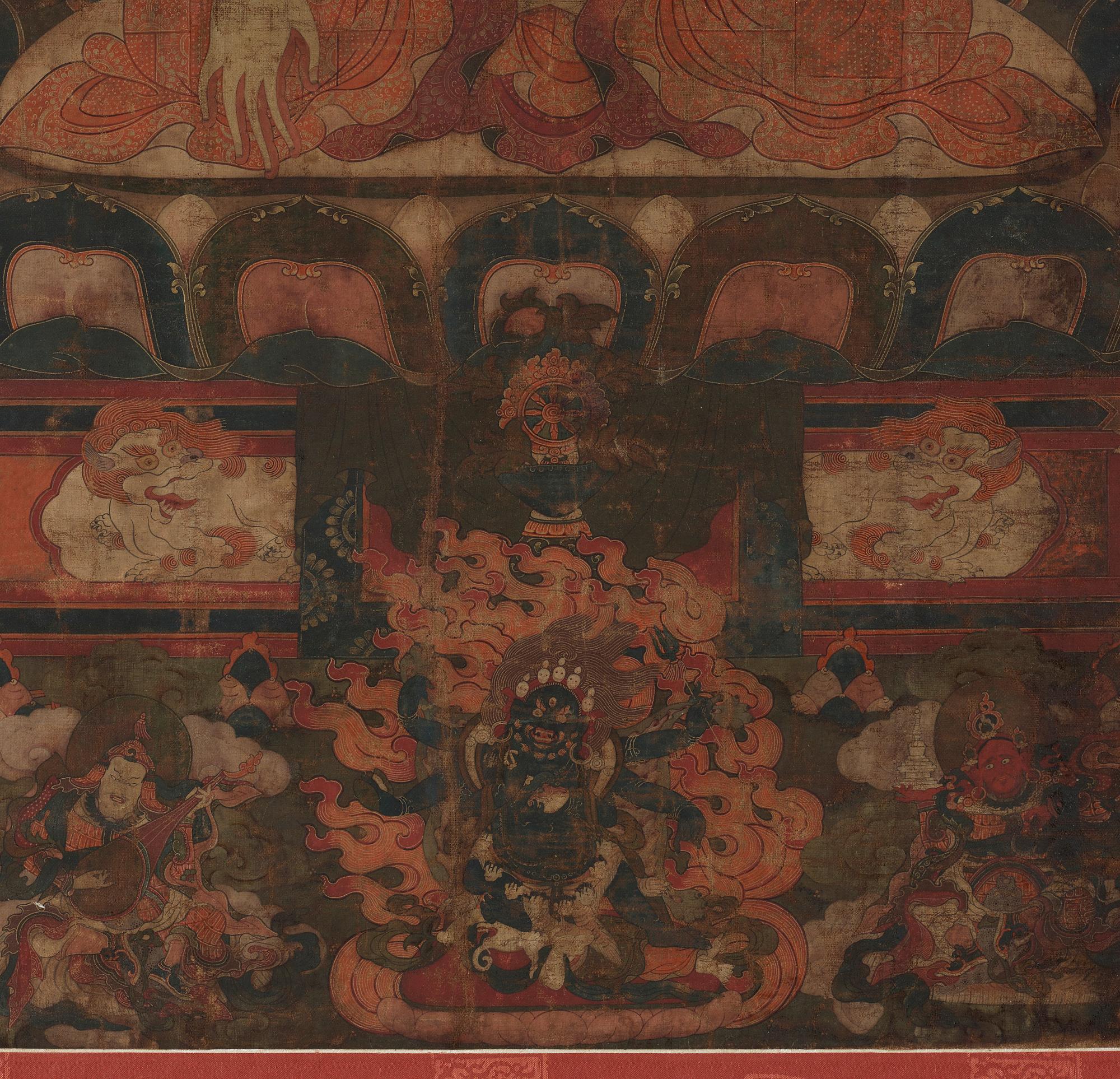 A Tibetan thangka of Shakyamuni Buddha with the eighteen  arhats, 18th century.
