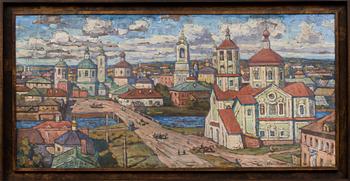 Piotr Ivanovich Petrovichev, VIEW OF TOROPETS. Signed indistinctly. Tempera on board. 46x95 cm.