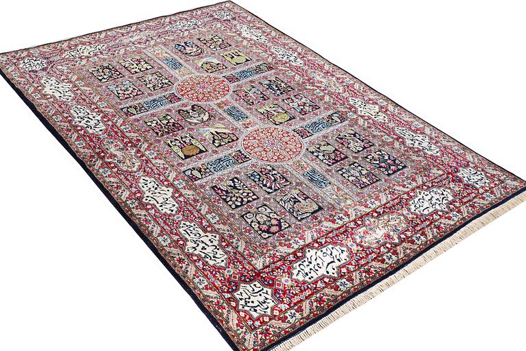 A carpet, semi-antique/old Kerman, figural, c. 273 x 164 cm.