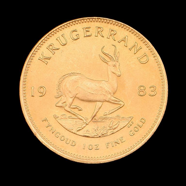 GULDMYNT, finguld, Krugerrand, Sydafrika, 1983. Vikt ca 34 g.