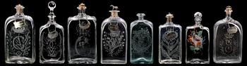 BRÄNNVINSFLASKOR, 8st, glas, 1800-1900-tal.