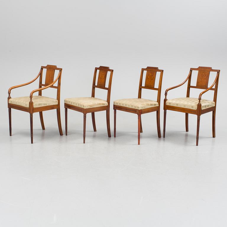 A 1920/30s Swedish Grace sofa, a pair of chairs, a pair of armchairs and a table veneered with mahogany.