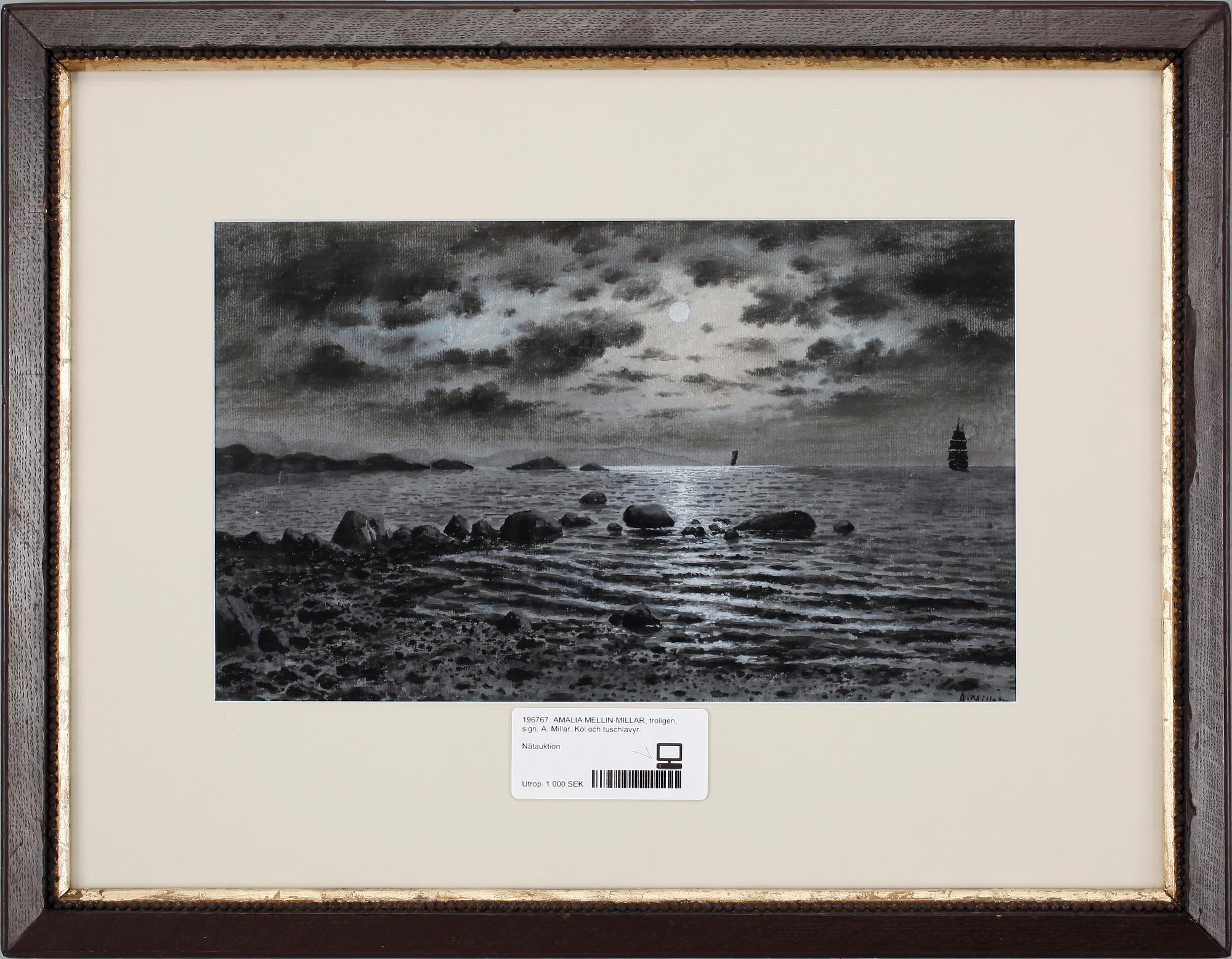 AMALIA MELLIN-MILLAR, troligen, sign. A. Millar. Kol och tuschlavyr.