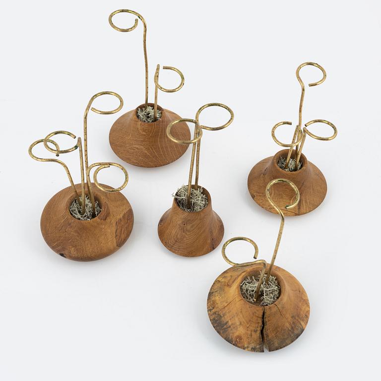Magnus Ek, a set of five oak wood canapé holders for Oaxen Krog, 2019.