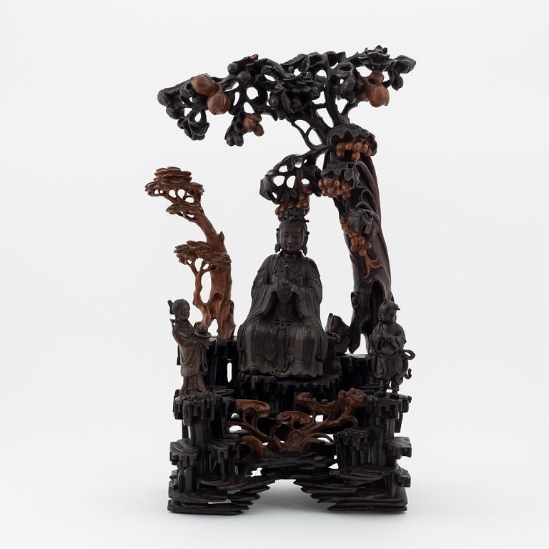 A Chinese bronze and wood sculpture group, 20th century.