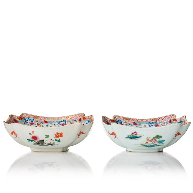 A pair of pillow shaped famille rose bowls, Qing dynasty, mid 18th Century.