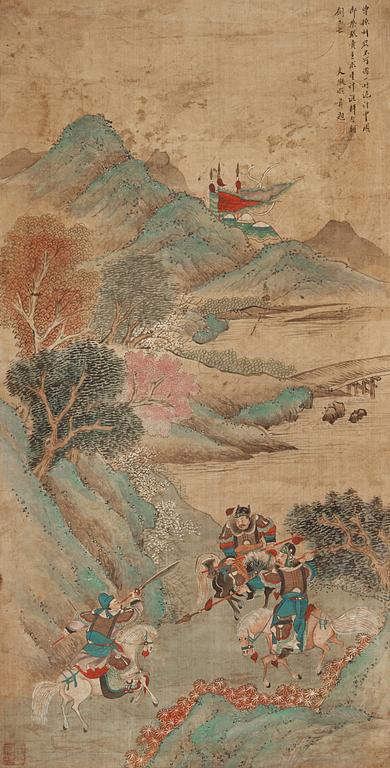 Four hanging scrolls with scenes from the history of the Three Kingdoms, late Qing dynasty (1644-1912).