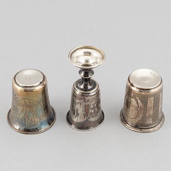 Three silver beakers, including Moscow 1893.