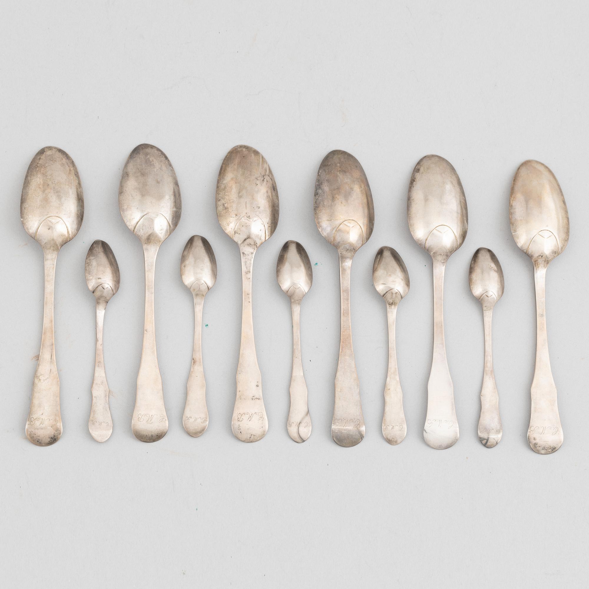 A set of eleven Swedish silver spoons, including Jacob Gyberg (master in Lund 1791-1814).