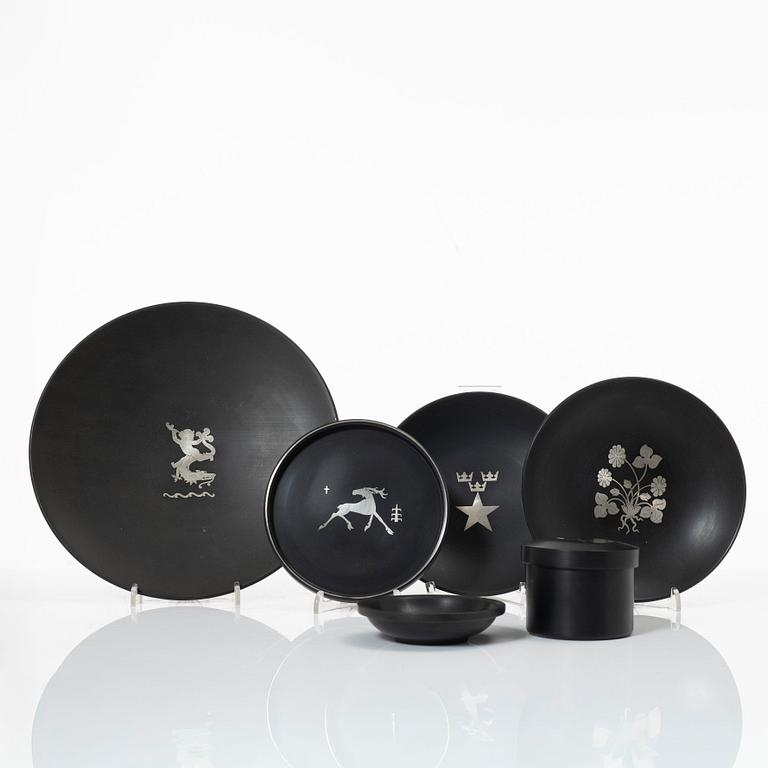 Five dishes, and one box with gaming chips, isolite with silver decor, Perstorp, Sweden, mid-20th century.