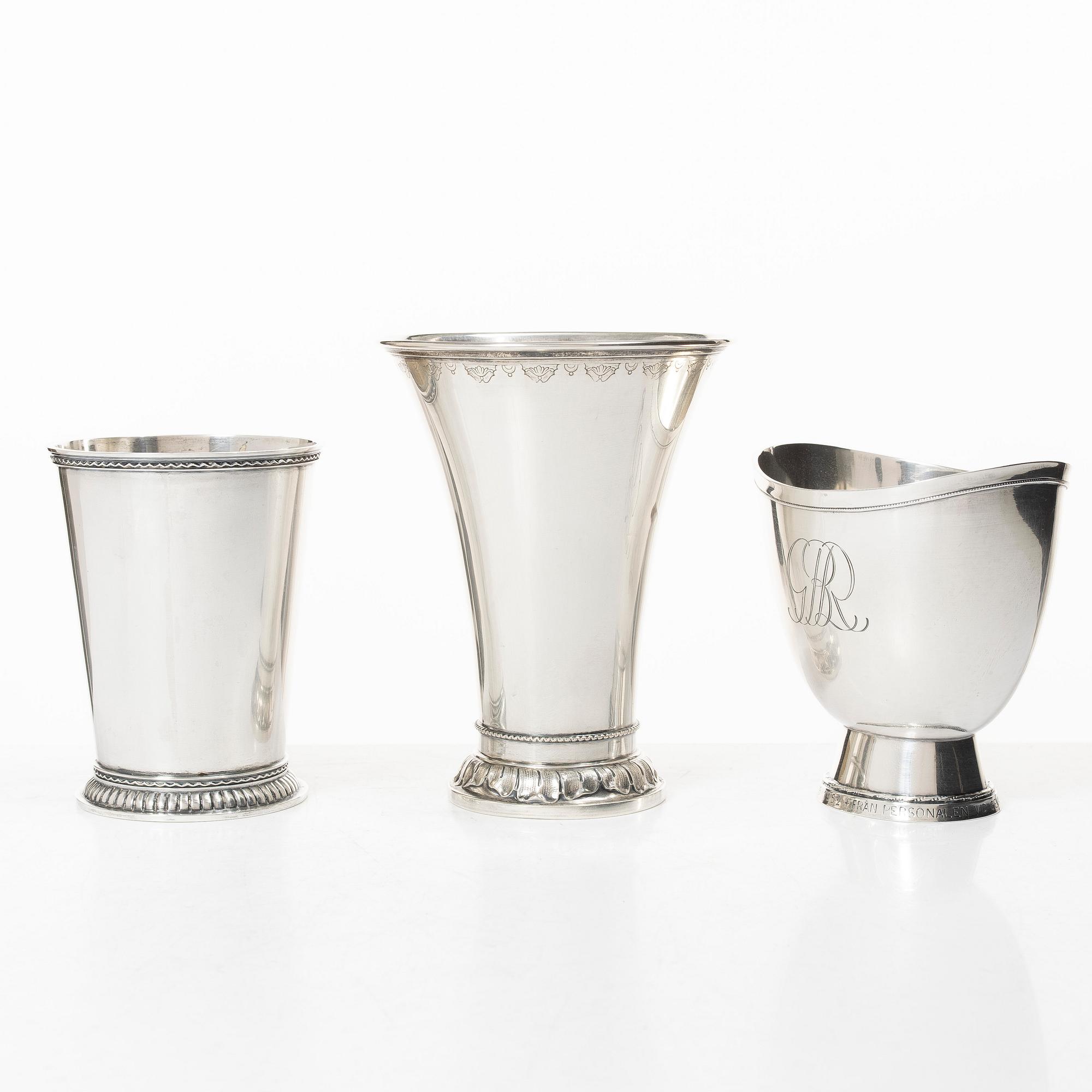 Bägare, 3 st, silver, Stockholm 1920-50-tal.