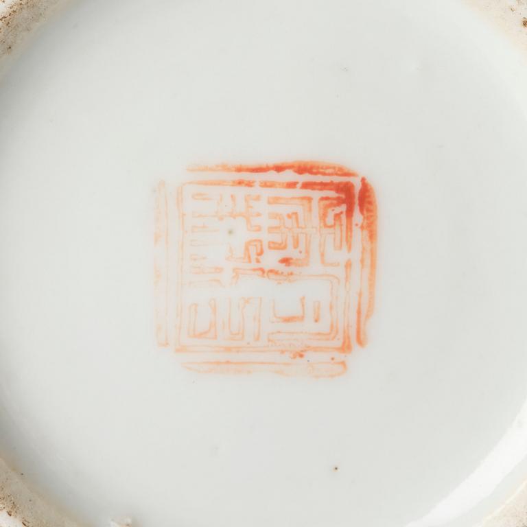 Two Chinese famille rose porcelain dishes and a censer, a pair of enamel spoons, Qing dynasty.