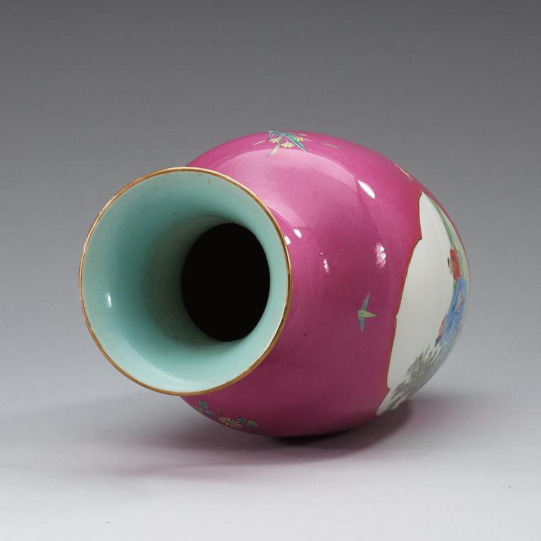 A pink ground famille rose vase, China, 20th Century, with sealmark in red.