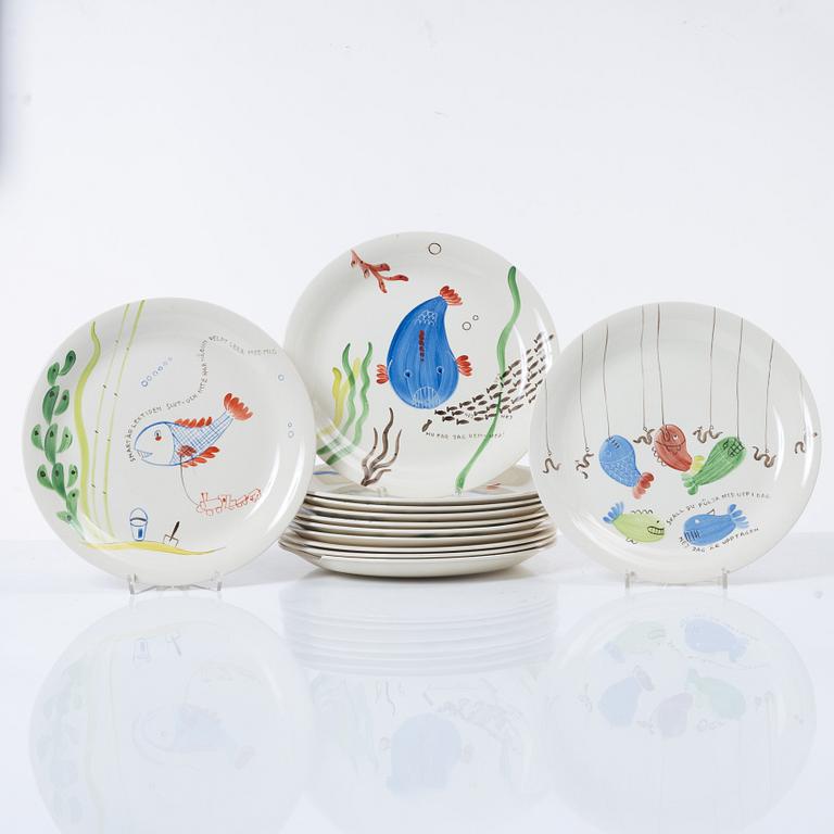 Stig Lindberg, twelve 'Löja' plates, Gustavsberg.