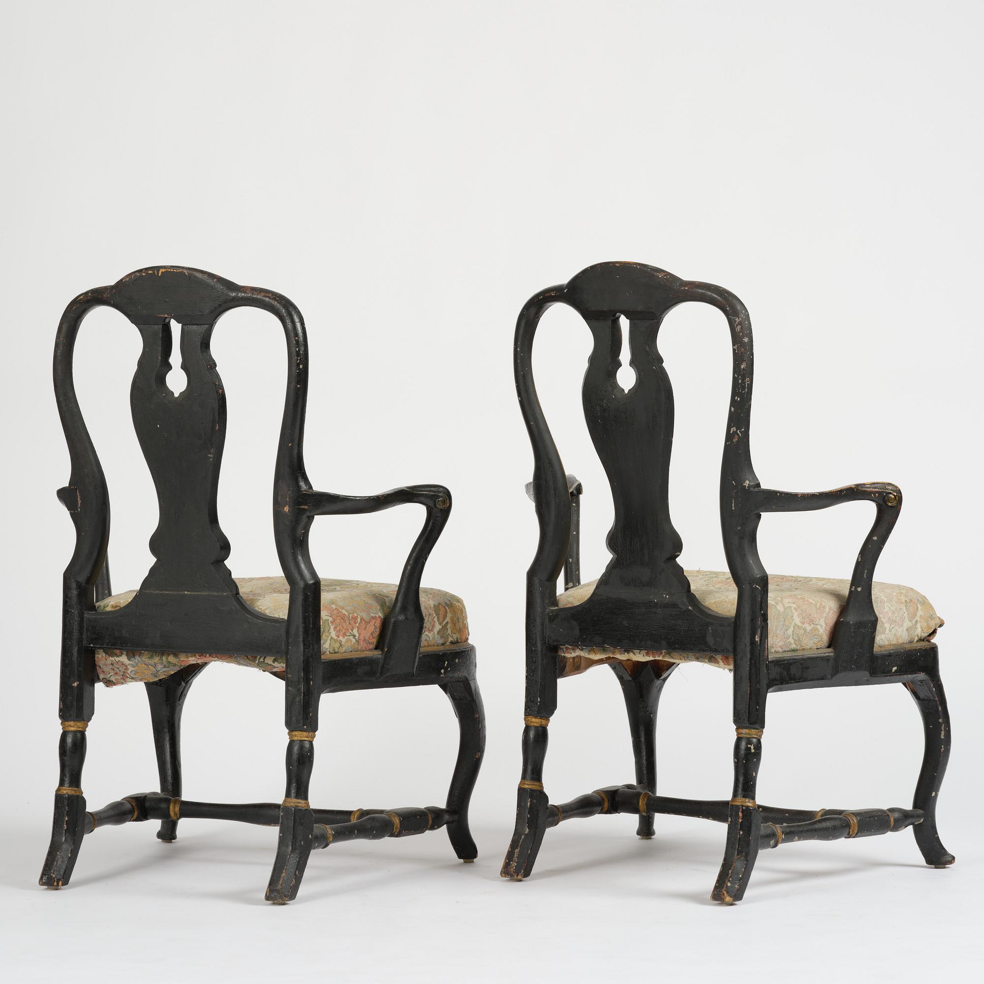 A pair of japanned Swedish rococo armchairs, Stockholm, later part 18th century.