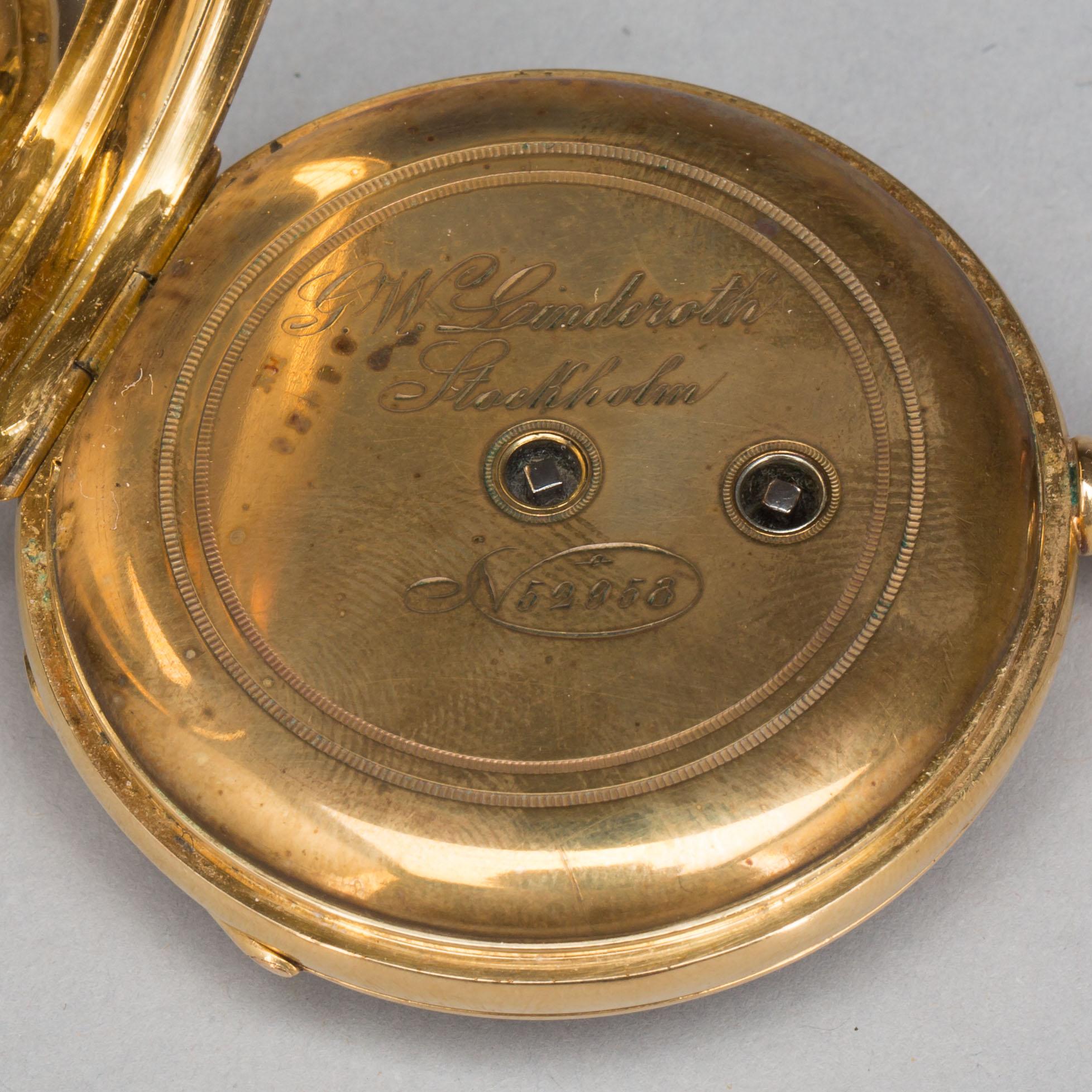 FICKUR, guld 18K, Schweiz, Linderoth Stockholm omkring 1890. Totalvikt 69 gram.