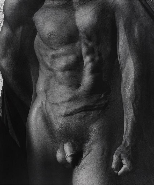 Herb Ritts, "Male Nude with Veil (Tight). Silverlake, 1985".