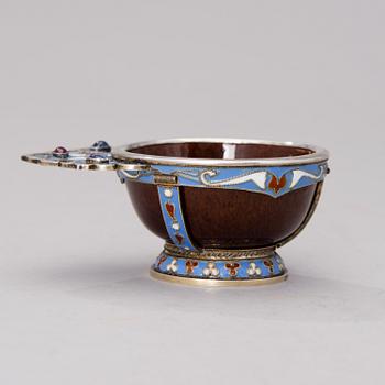 A RUSSIAN CHARKA, silver, ceramic and enamel, St:Petersburg 1885, Fredrik Tiander.