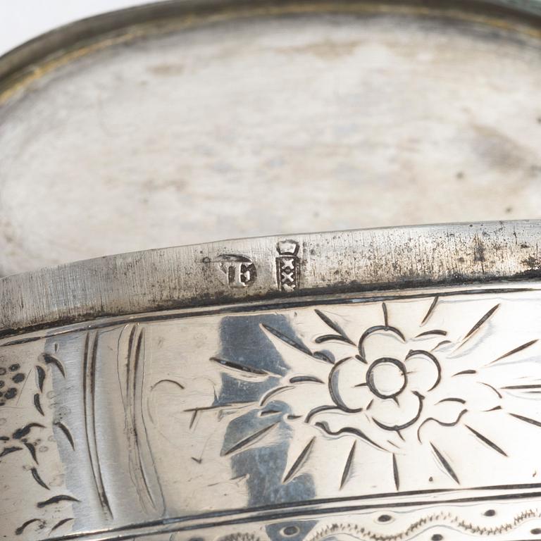 Five silver boxes, 19th century.