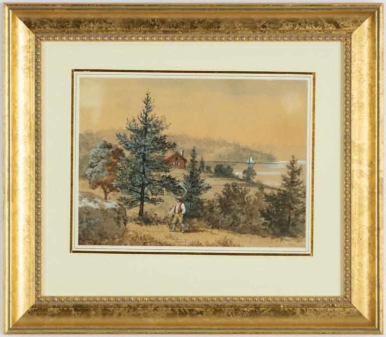 Anna Palm de Rosa, Lake landscape with a man with a scythe.