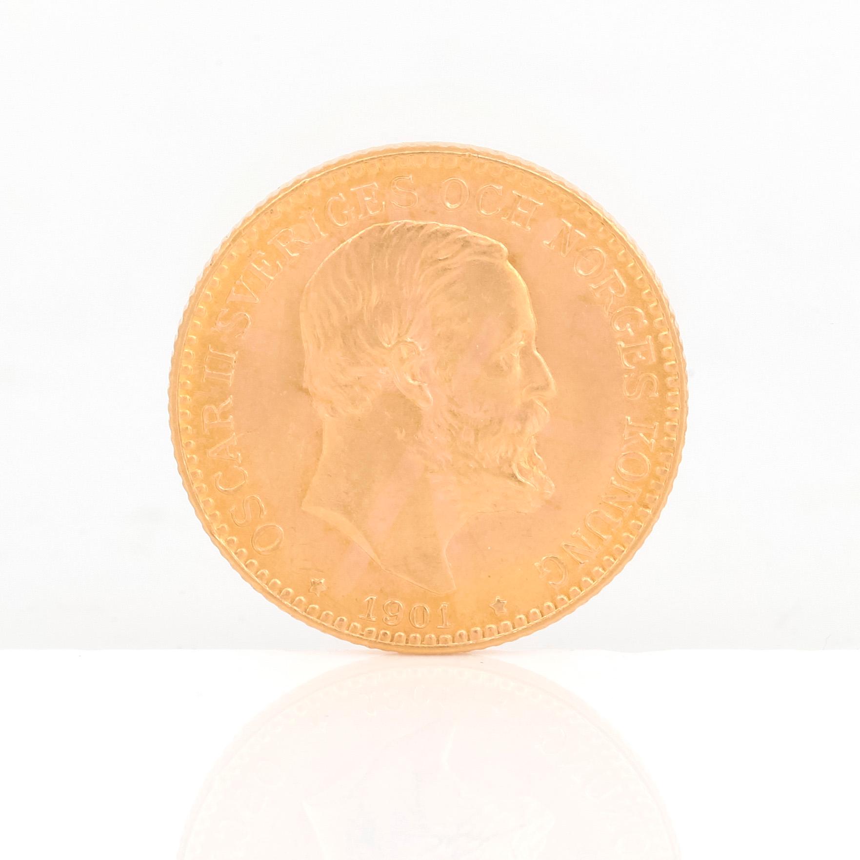 GULDMYNT, 10 kronor, Oscar II av Sverige och Norge 1901. Vikt ca 4,5 gram.