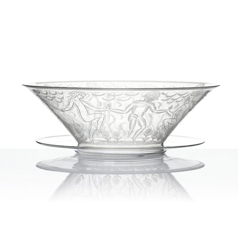 Edward Hald, an engraved glass bowl with plate, Orrefors, Sweden, 1926, model 305, engraved by Emil Goldmann.