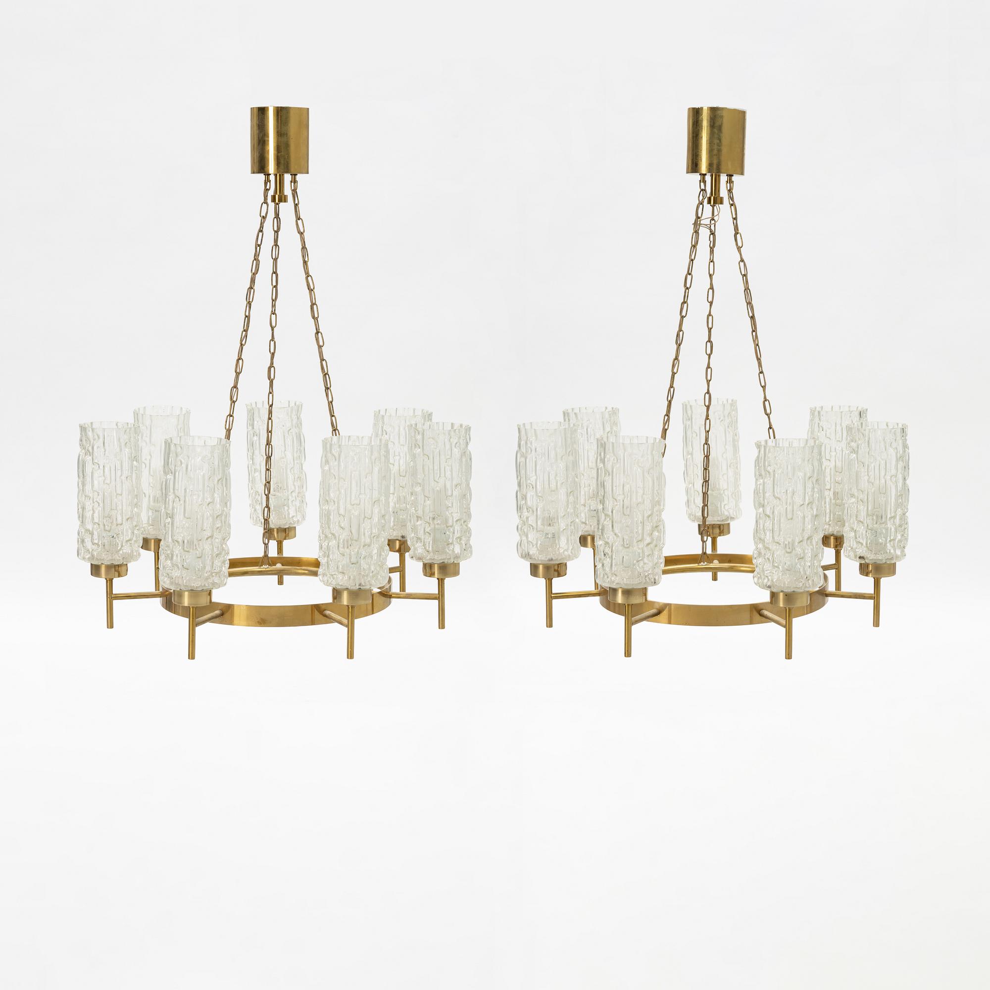 A glass and brass ceiling light, mid 20th Century.