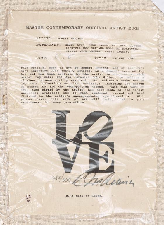 Robert Indiana, MATTA. "German Love", Chosen love. Handtuftad 1995. 183 x 183,5 cm. Robert Indiana.