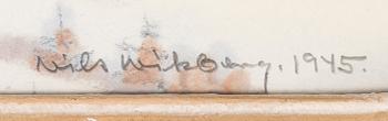 NILS WIKBERG, vesiväri, signeerattu ja päivätty 1945. Omistuskirjoituksella.
