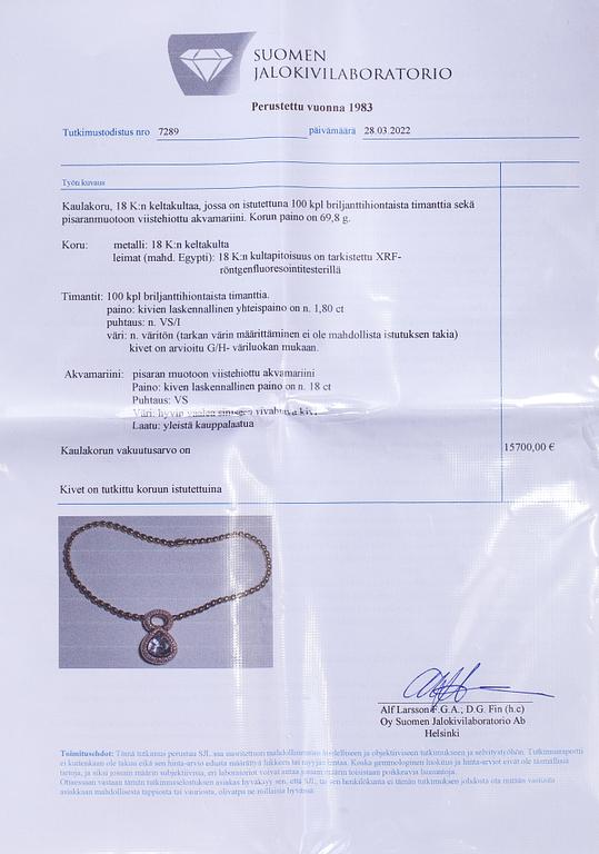 An 18K gold necklace with a ca 18.00 ct aquamarine and brilliant-cut diamonds ca 1.80 ct in total. With certificate.