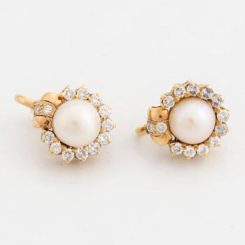 Cultured pearl and brilliant cut diamond earrings.