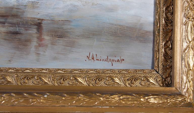 OKÄND KONSTNÄR, olja på pannå, sign N.A. Lindqvist. Sekelskiftet 1800/1900.