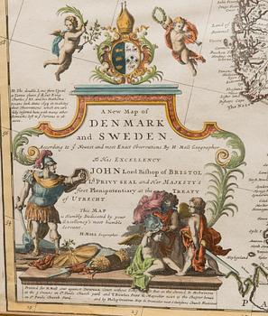 AN OLD ANTIQUE MAP,hand-coloured copper engraving, Scandinavia with 5 vignettes of the Laplanders, H. Moll London 1715.