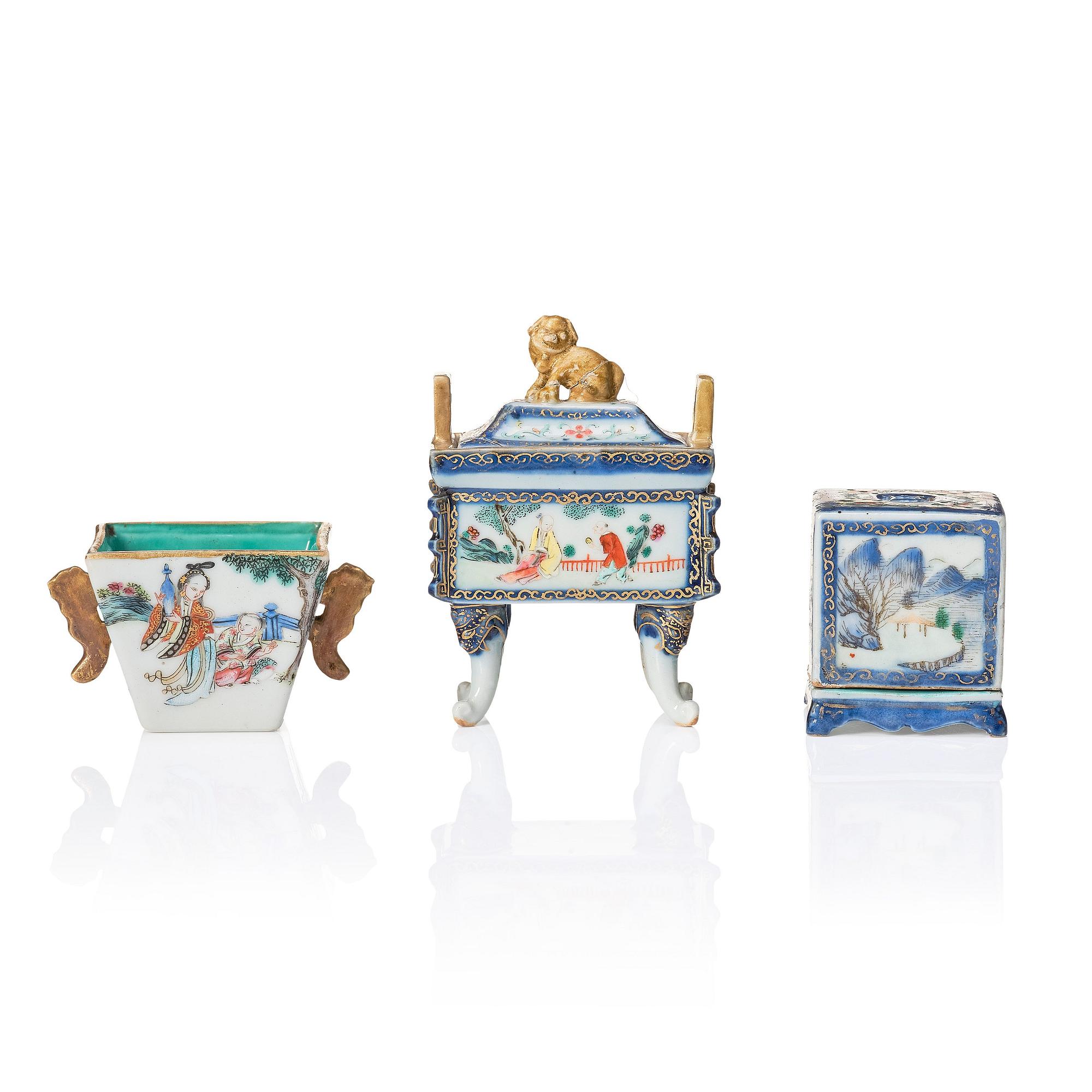 A set of three famille rose miniature objects to the scholars desk, Qing dynasty, 19th Century.