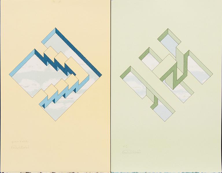 Oscar Reutersvärd, Oscar Reutersvärd, four color lithographs, signed 26/120, 38/120, HC and EA.