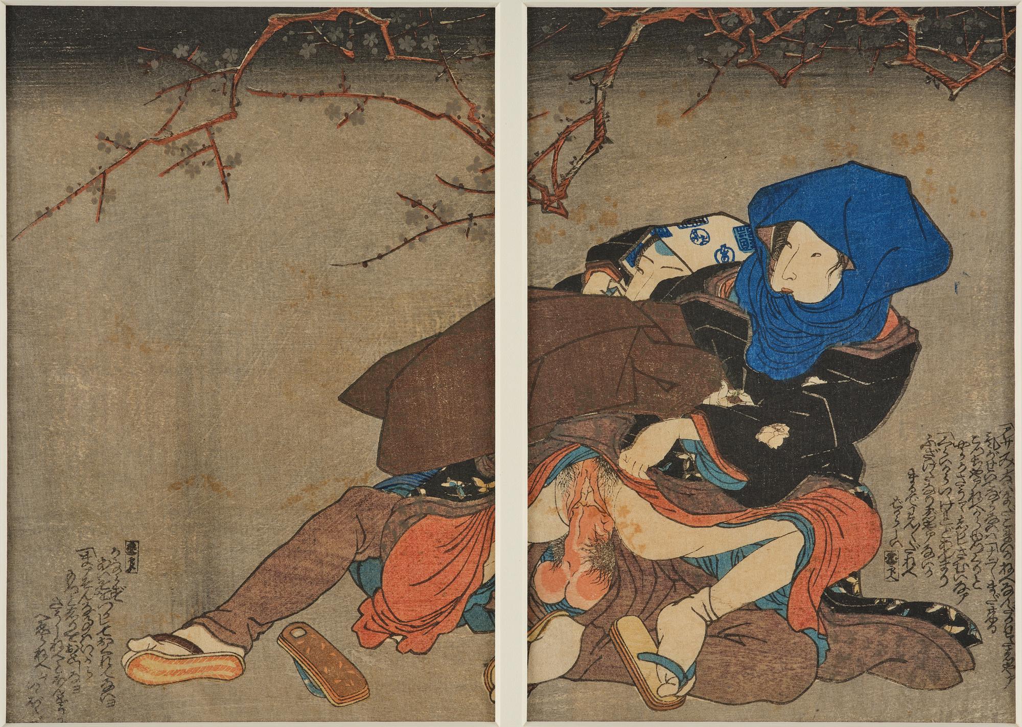 Oidentifierade konstnärer, färgträsnitt, shunga, albumblad, tre diptyker, Japan, 1800-tal.