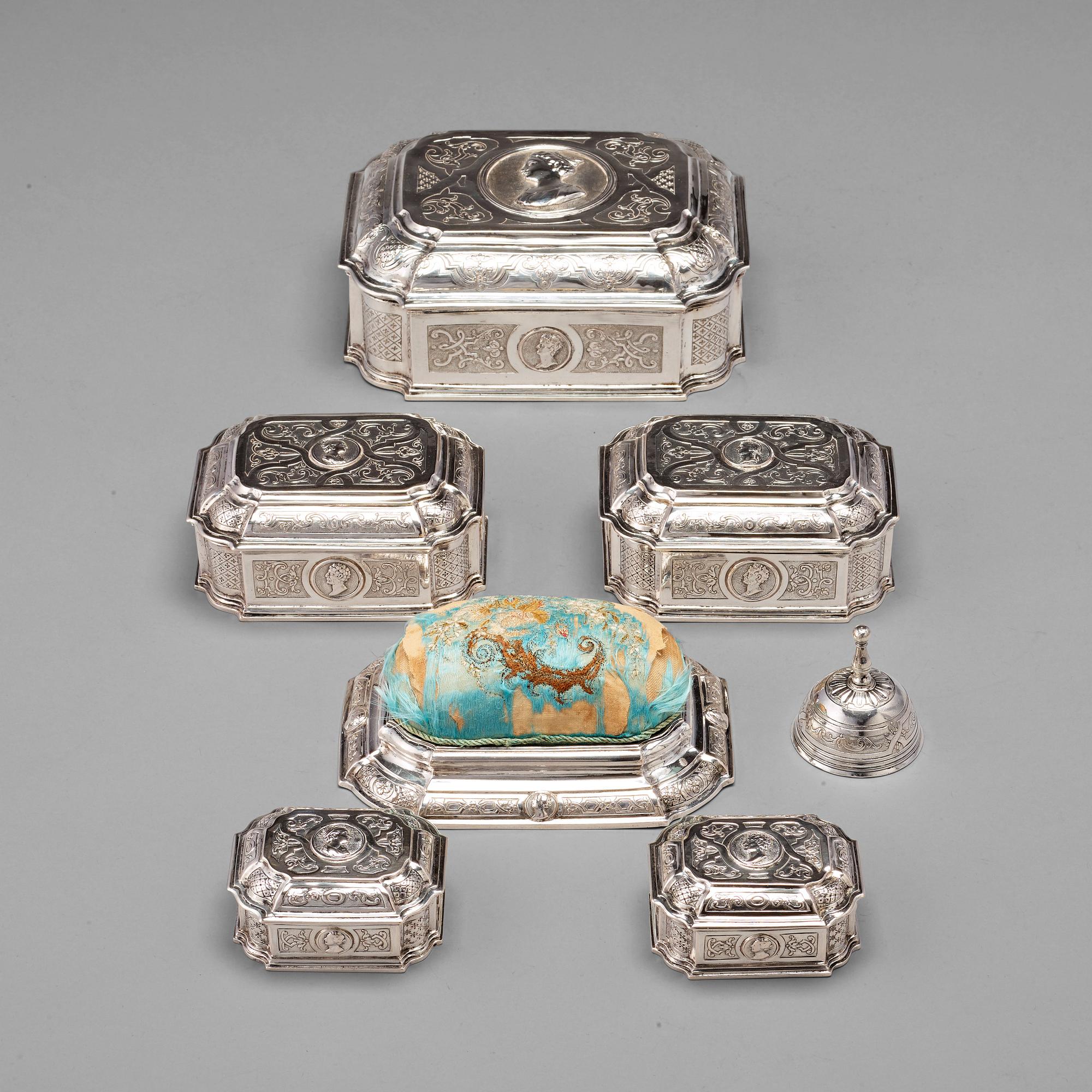 A Swedish 18th century 7 piece silver toilet service, mark of Johan Lorenz Starin, Stockholm 1736.