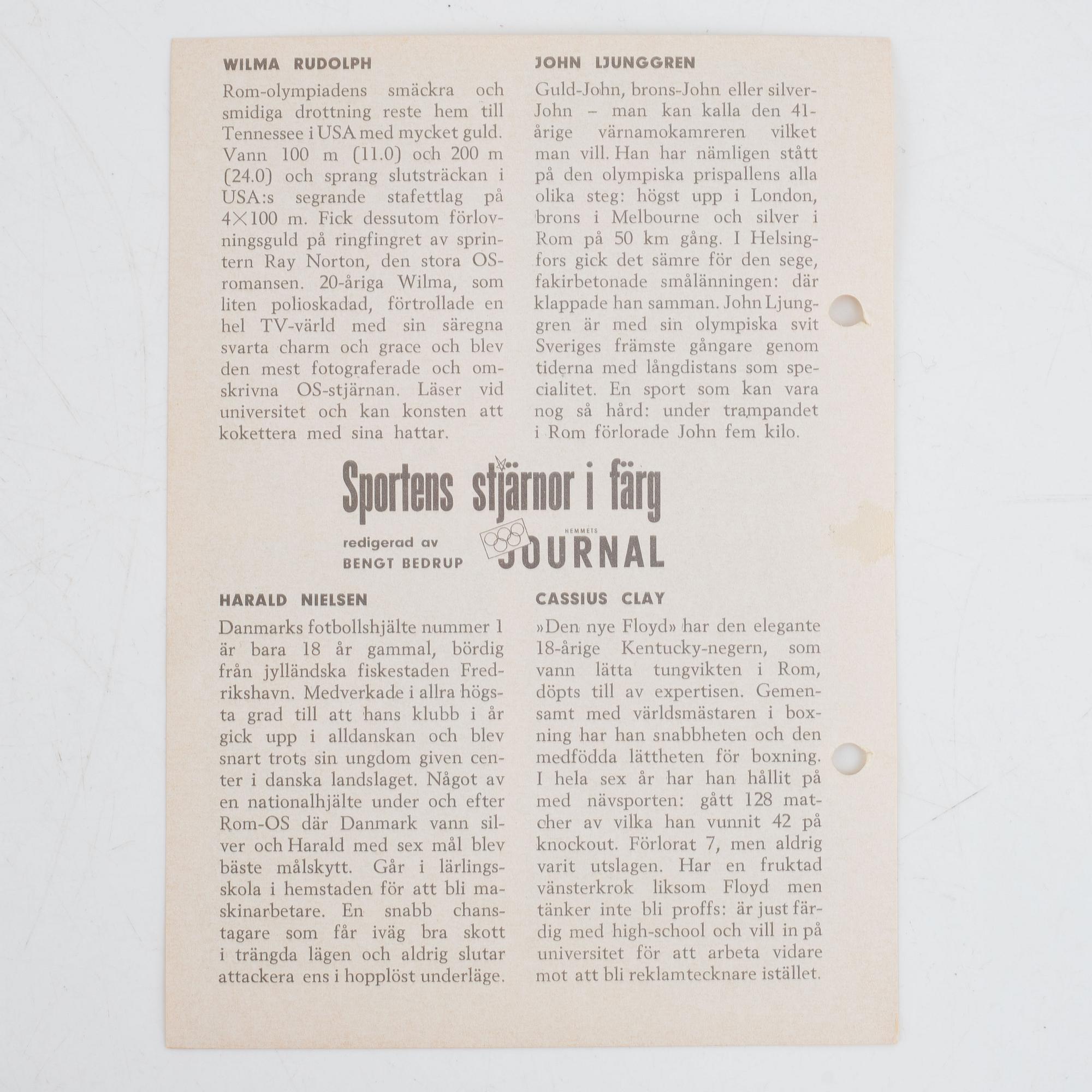 Idolkort, "Sportens stjärnor", bl a Cassius Clay, Nacka Skoglund mfl Hemmets Journal, 1960-tal.
