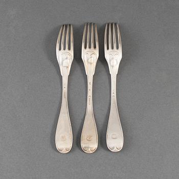 Three Swedish early 19th century silver forks, mark of Jacob Lampa, Stockholm 1822.