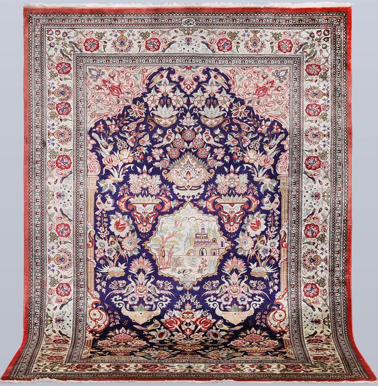 An older silk Ghom rug, 150 x 103 cm.
