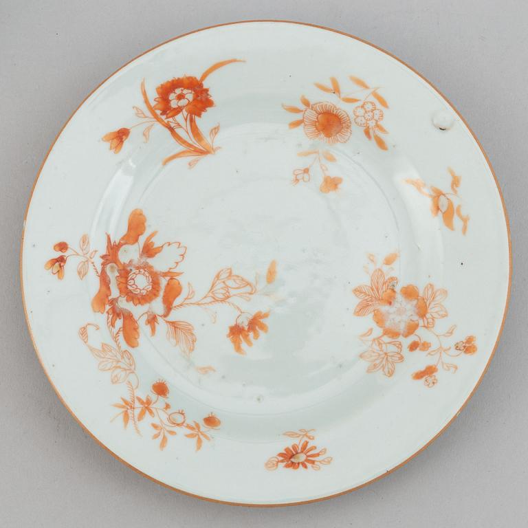 A rouge de fer bowl and three dishes, Qing dynasty, Qianlong (1736-95).