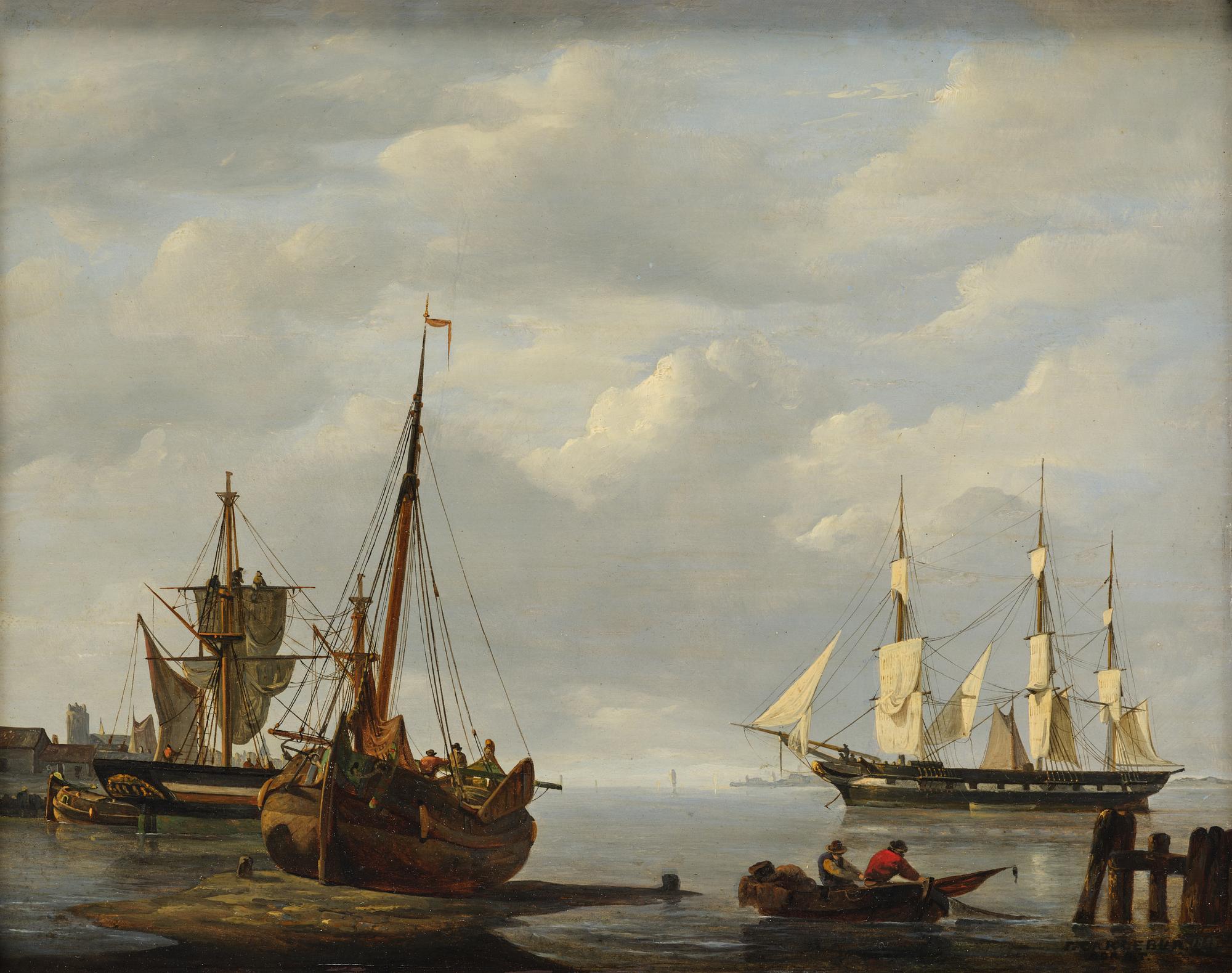 François Carlebur, Fishing boats on the shore and a frigate at anchor.