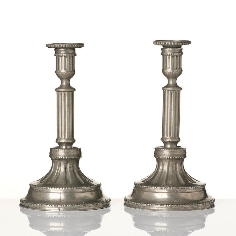 A pair of Gustavian pewter candlesticks by P. Gillman, Stockholm 1786.