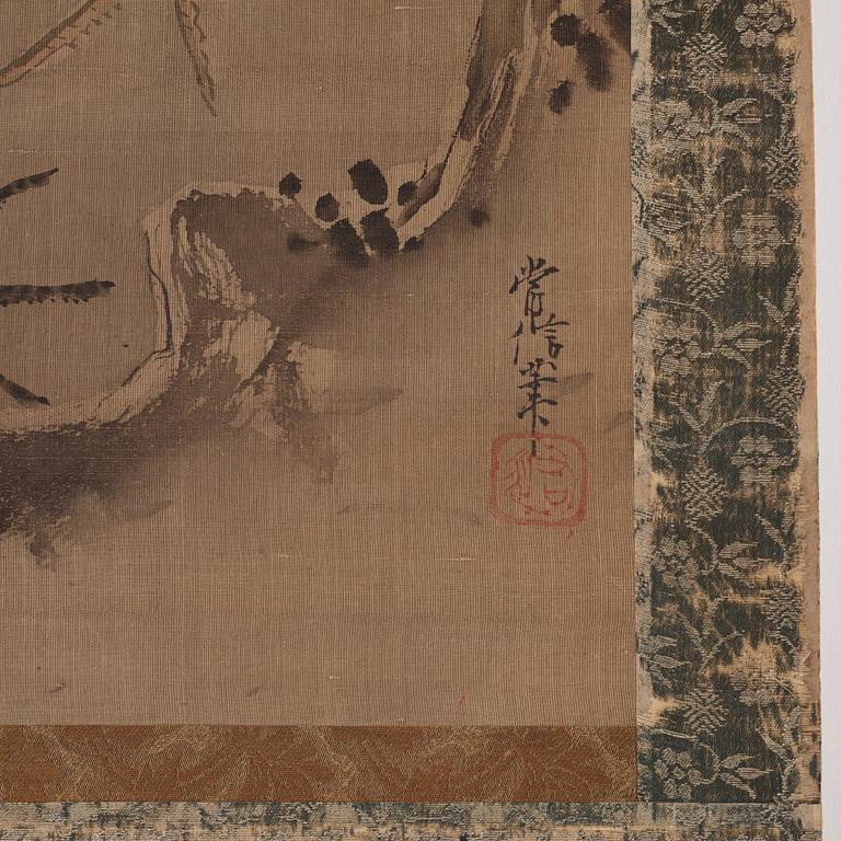 A scroll painting with cranes, signed Tsunenobu.