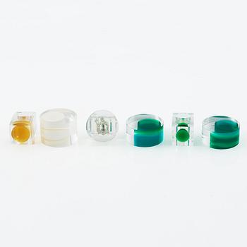 Siv Lagerström, three rings, and three sculptures, acrylic plastic, 1970s.