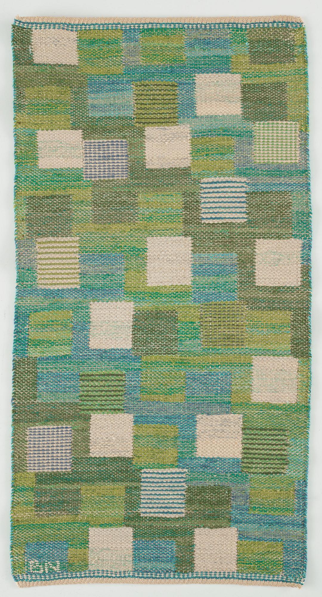 Barbro Nilsson, textiles, 2 pcs., one is "Nejlikan blå", tapestry weave, one is flat weave, both signed BN.