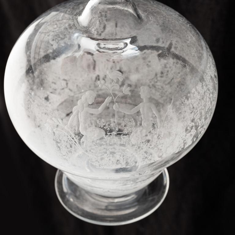 Carl Eldh, original drawings and an engraved glass decanter, Orrefors 1931.