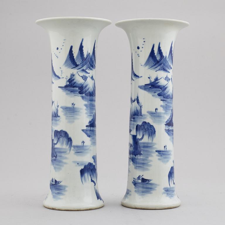 A pair of blue and white trumpet shaped vases, China, 20th Century.